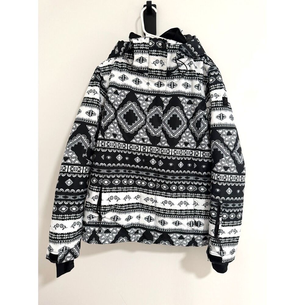 Smaining Black White Aztec Print Hooded Insulated Ski Snowboard Jacket L
